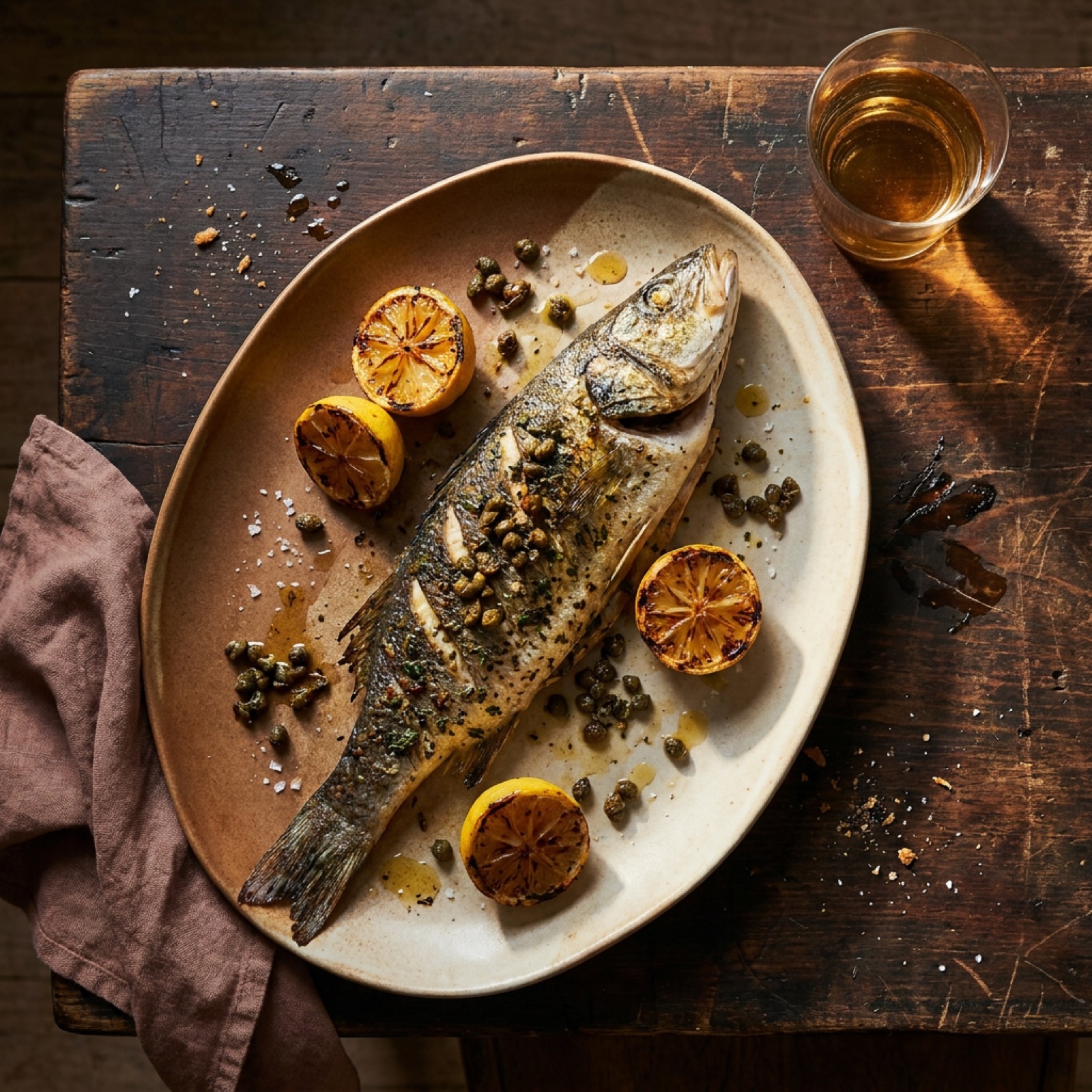 A whole grilled branzino with charred lemon on a platter