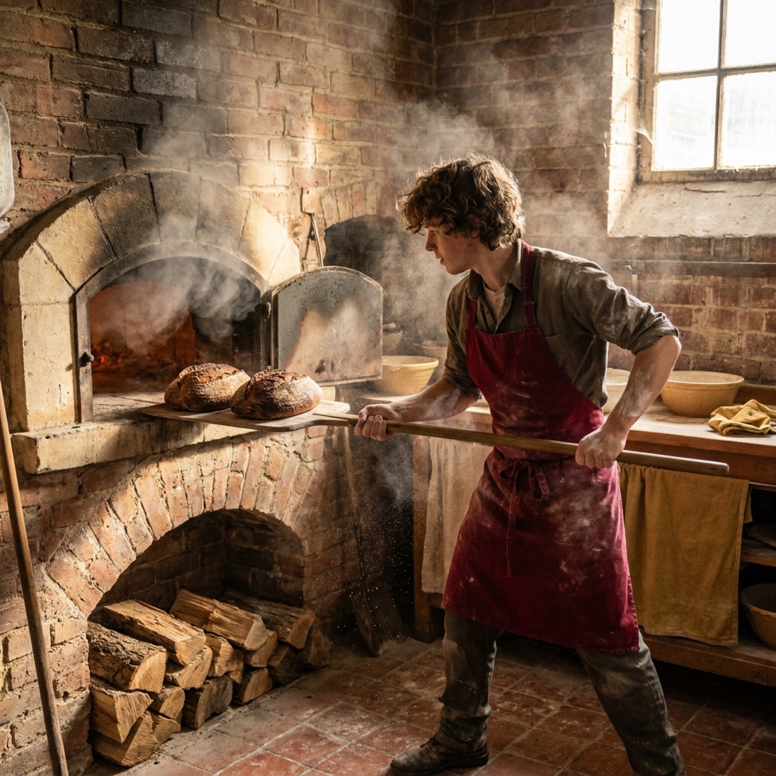 A baker pulling hearth loaves from a brick oven